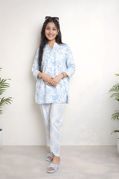 Sky Blue Floral Printed Women Co-Ord Set