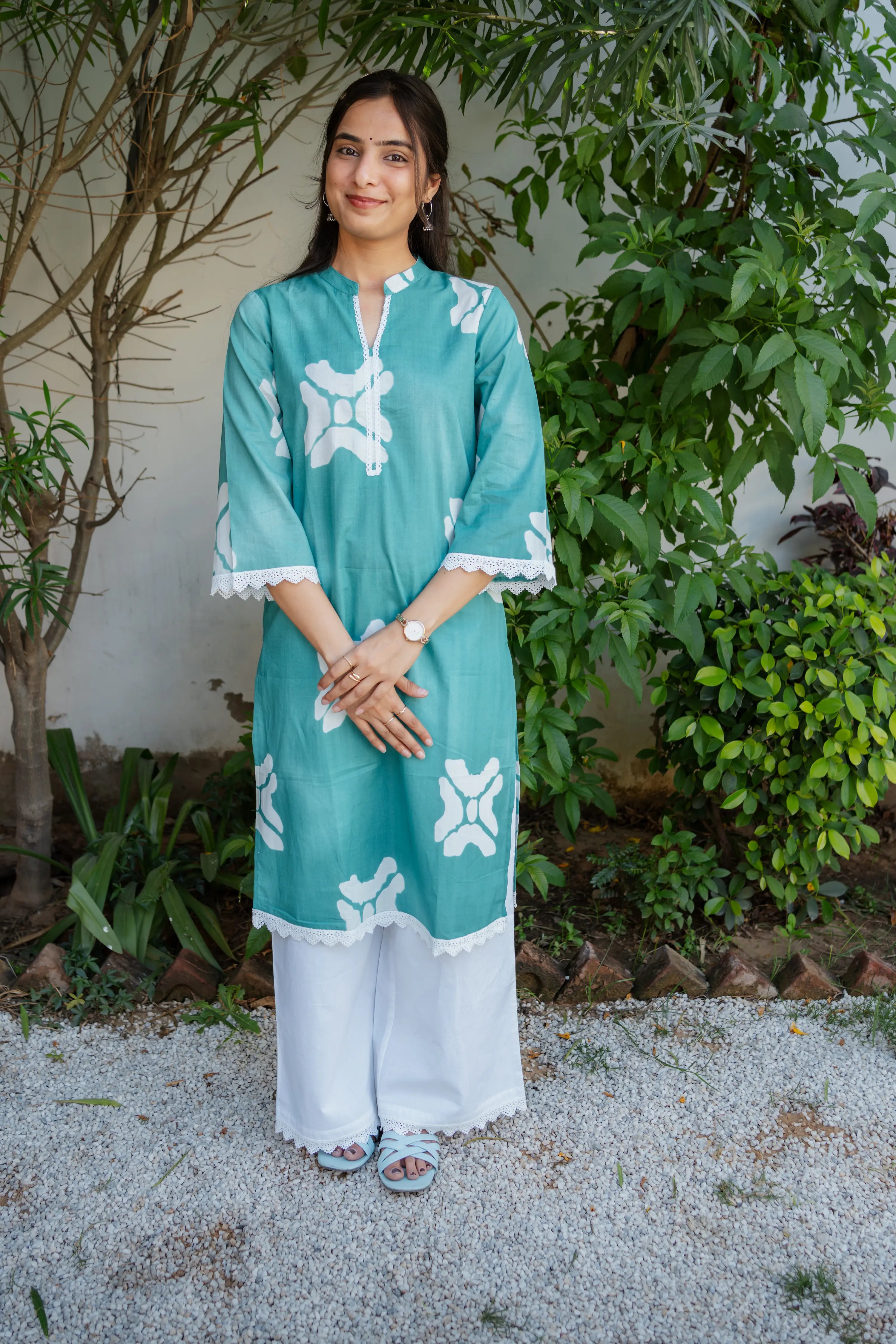 Sea Green Ethnic Print Kurta with White Palazzo Pants