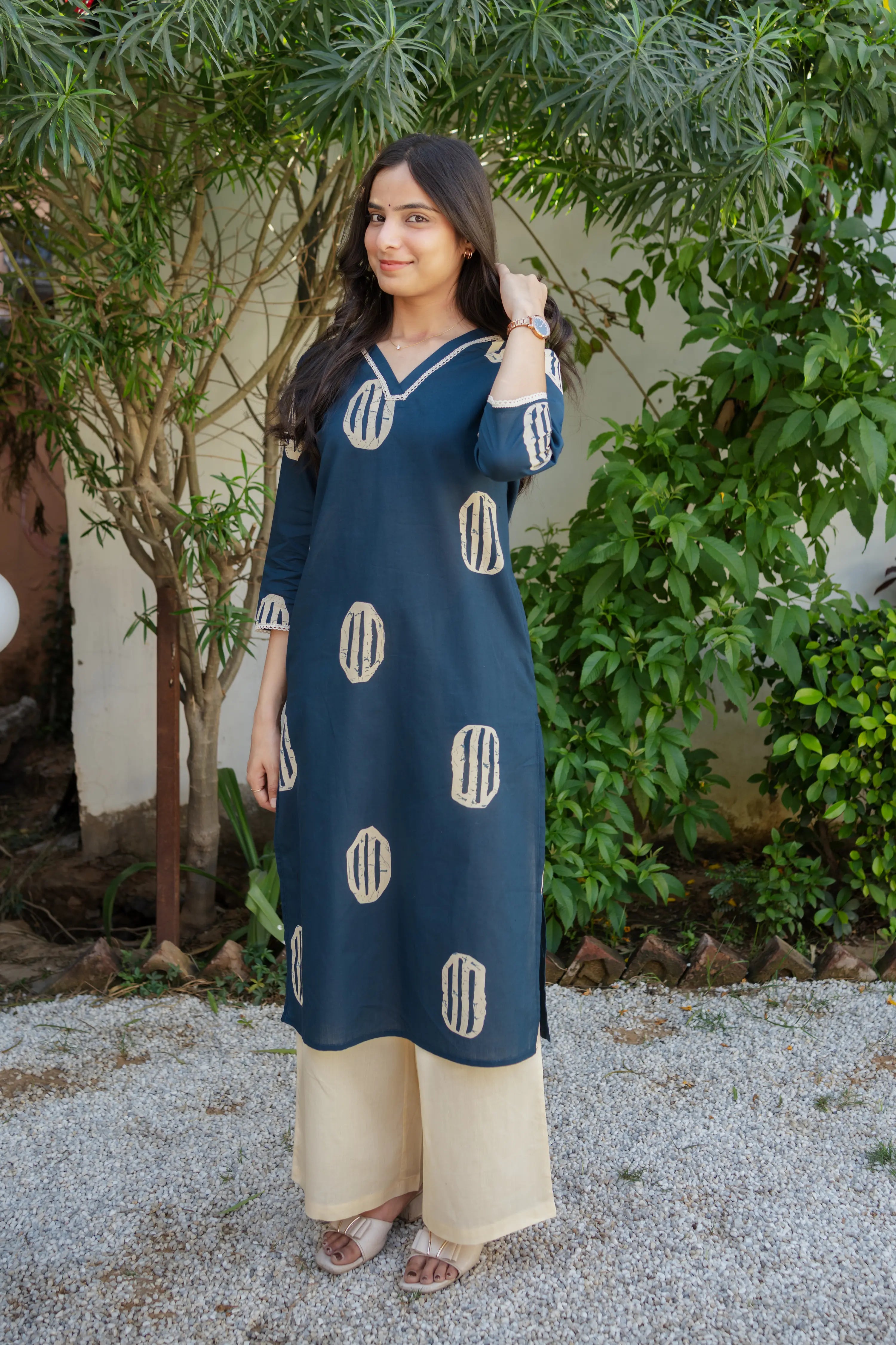 Teal Blue Ethnic Printed Kurta Set with Beige Palazzo Pants