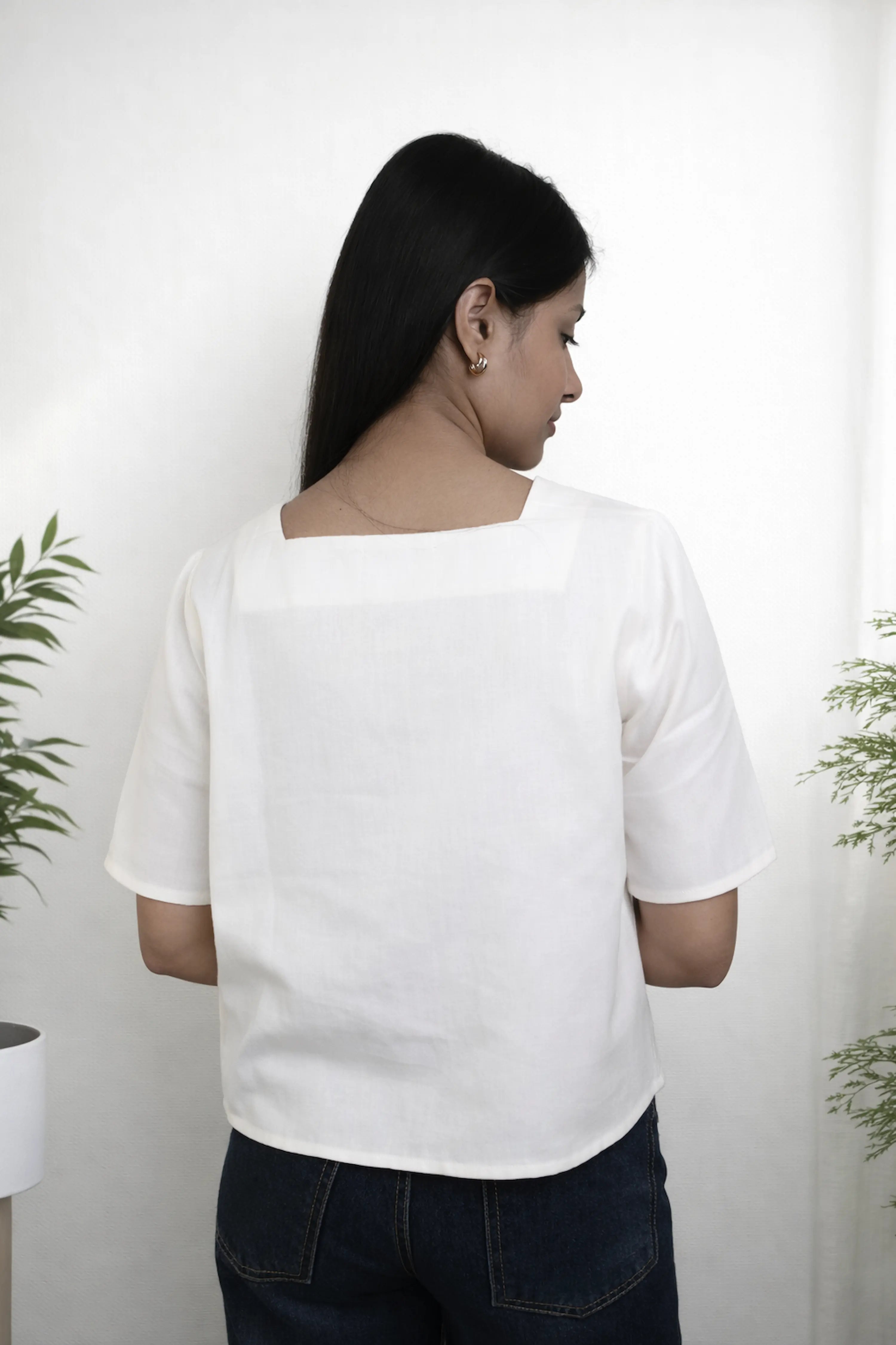 Off White Casual Top with Wooden Button Front