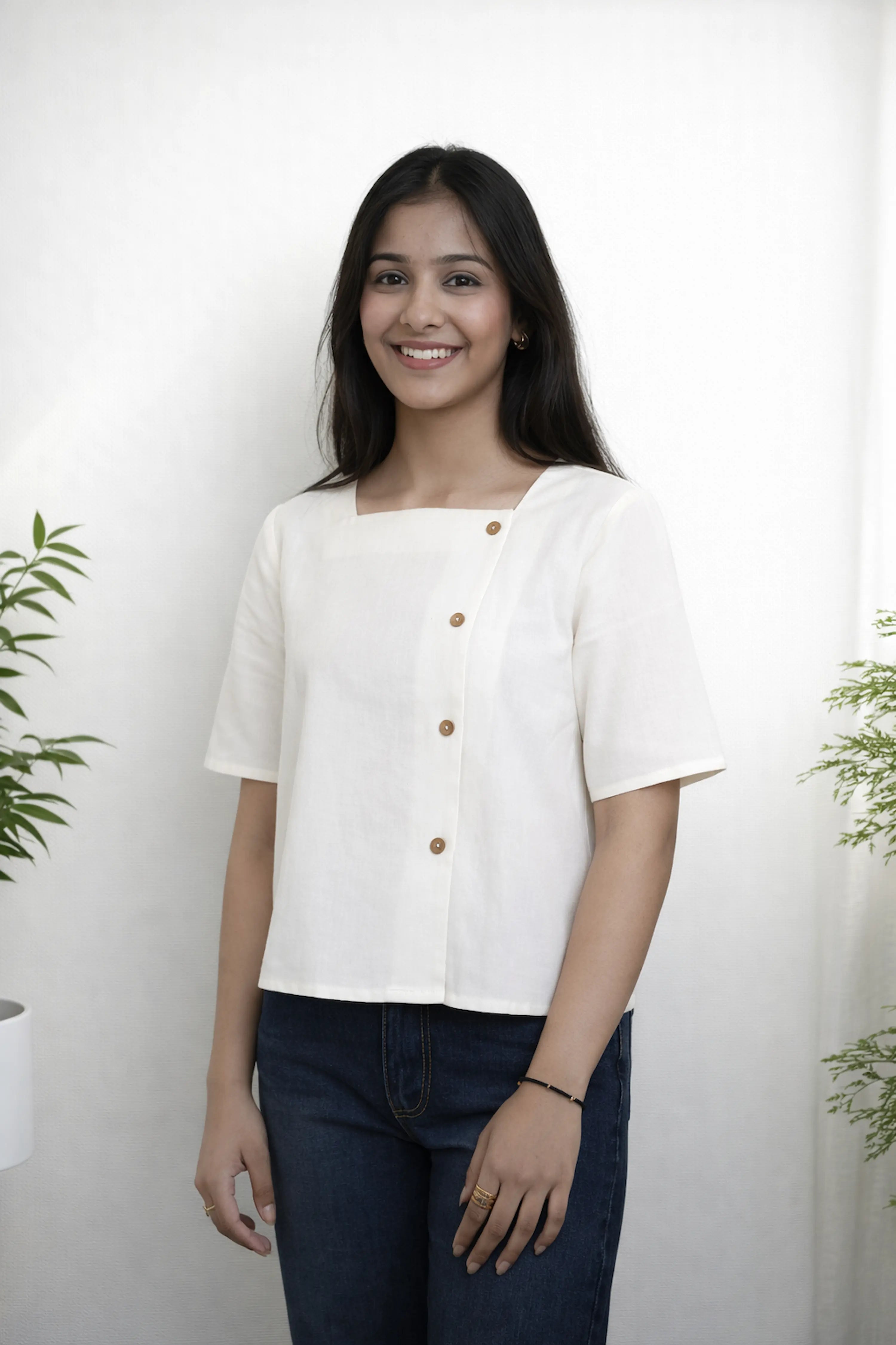 Off White Casual Top with Wooden Button Front