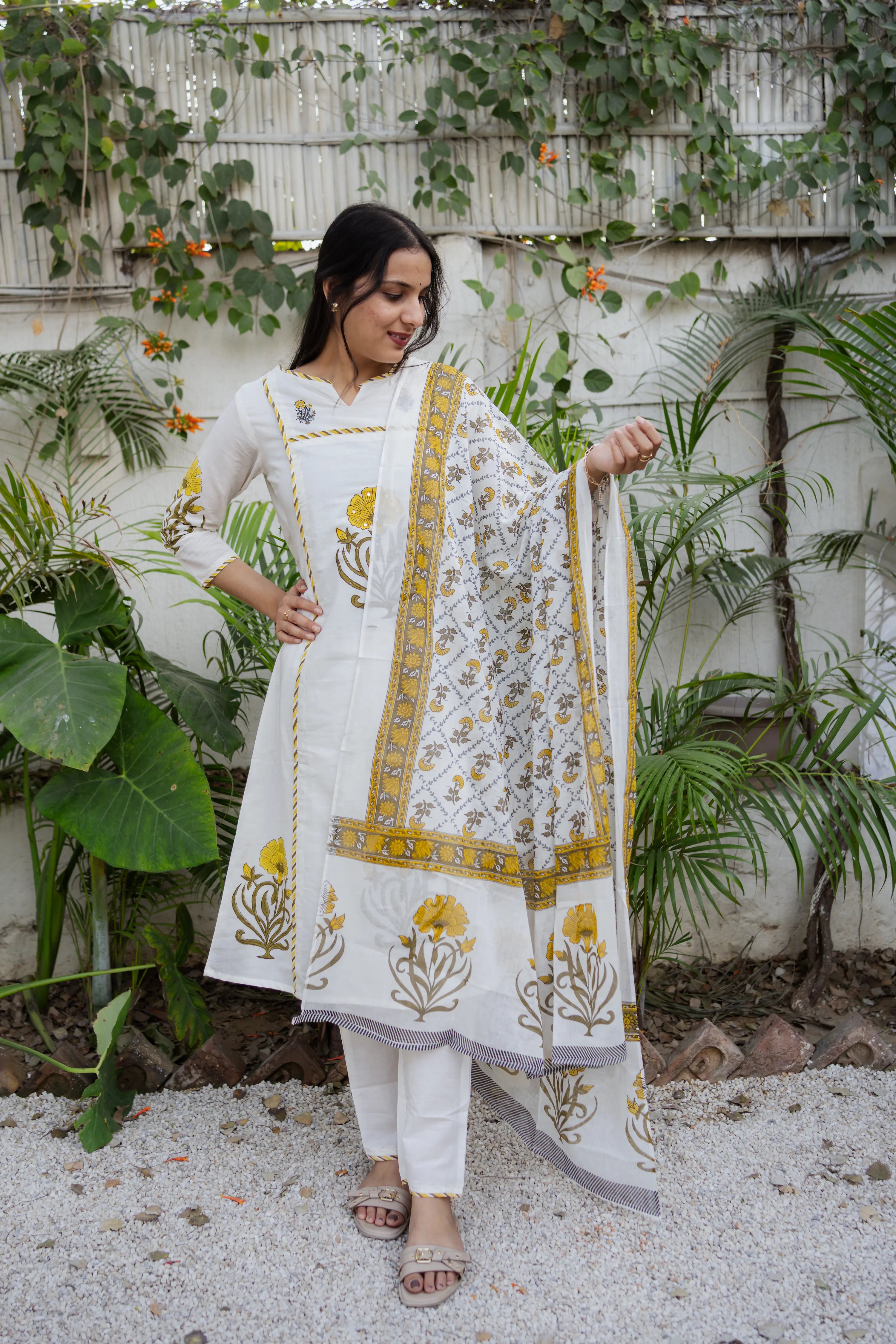 White & Mustard Floral Printed Kurta Set with Dupatta – 3 Piece Ethnic Suit