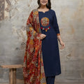 Navy Blue Kurta Set with Rust Printed Dupatta – 3 Piece Ethnic Suit Set