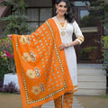 White Kurta with Orange Printed Dupatta & Pant – 3 Piece Ethnic Kurta Set