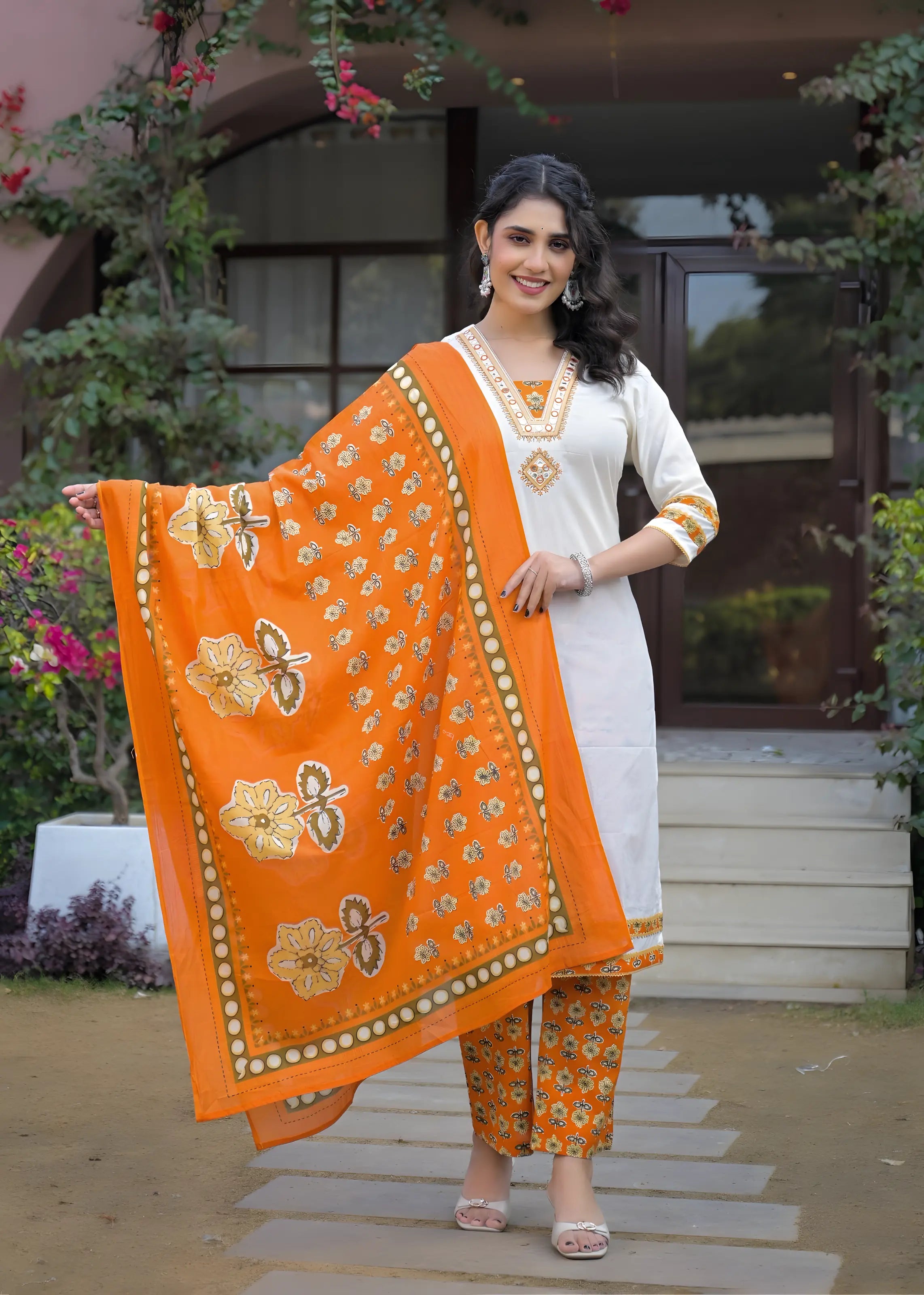 White Kurta with Orange Printed Dupatta & Pant – 3 Piece Ethnic Kurta Set