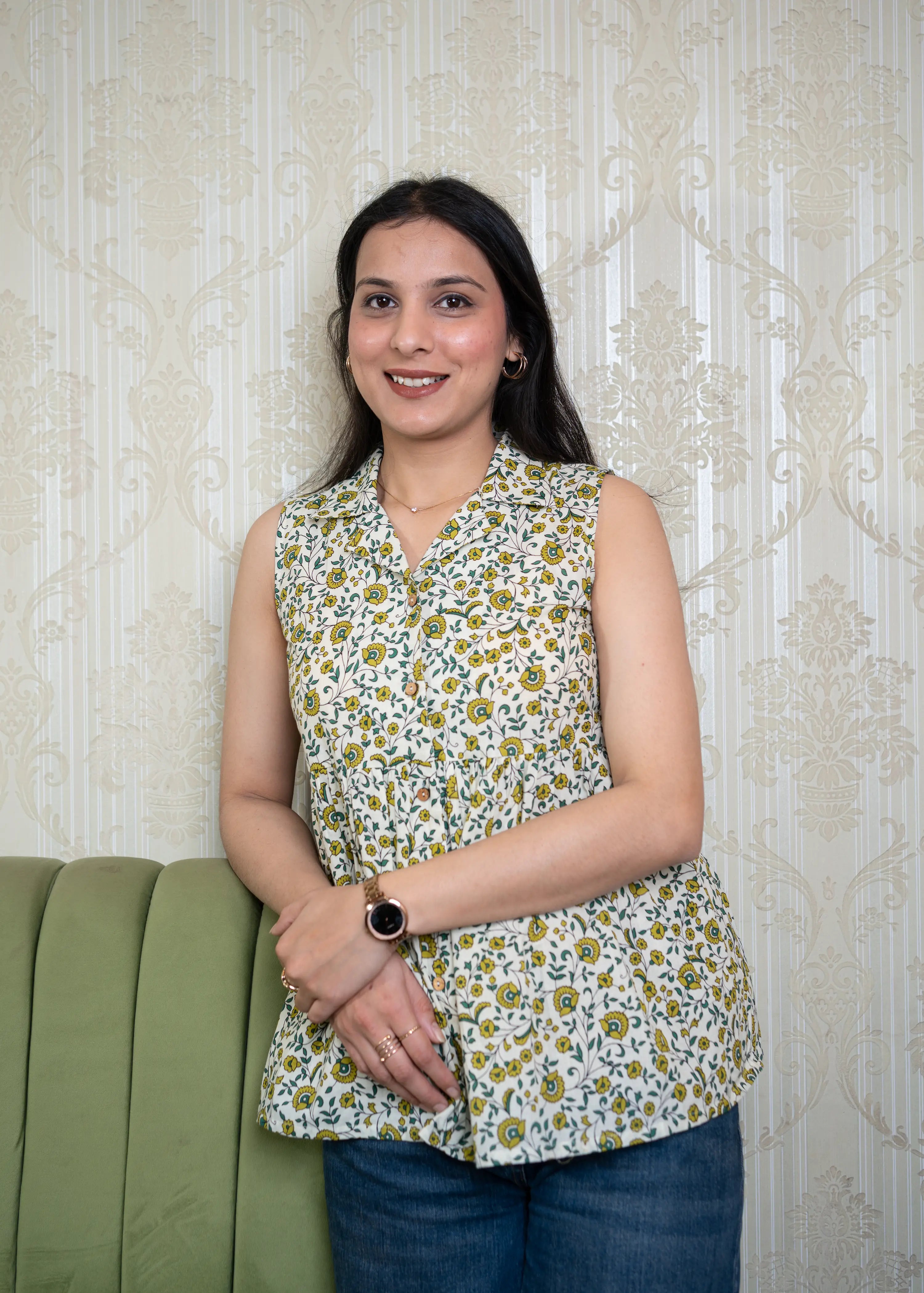 Green & Yellow Floral Print Sleeveless Peplum Top